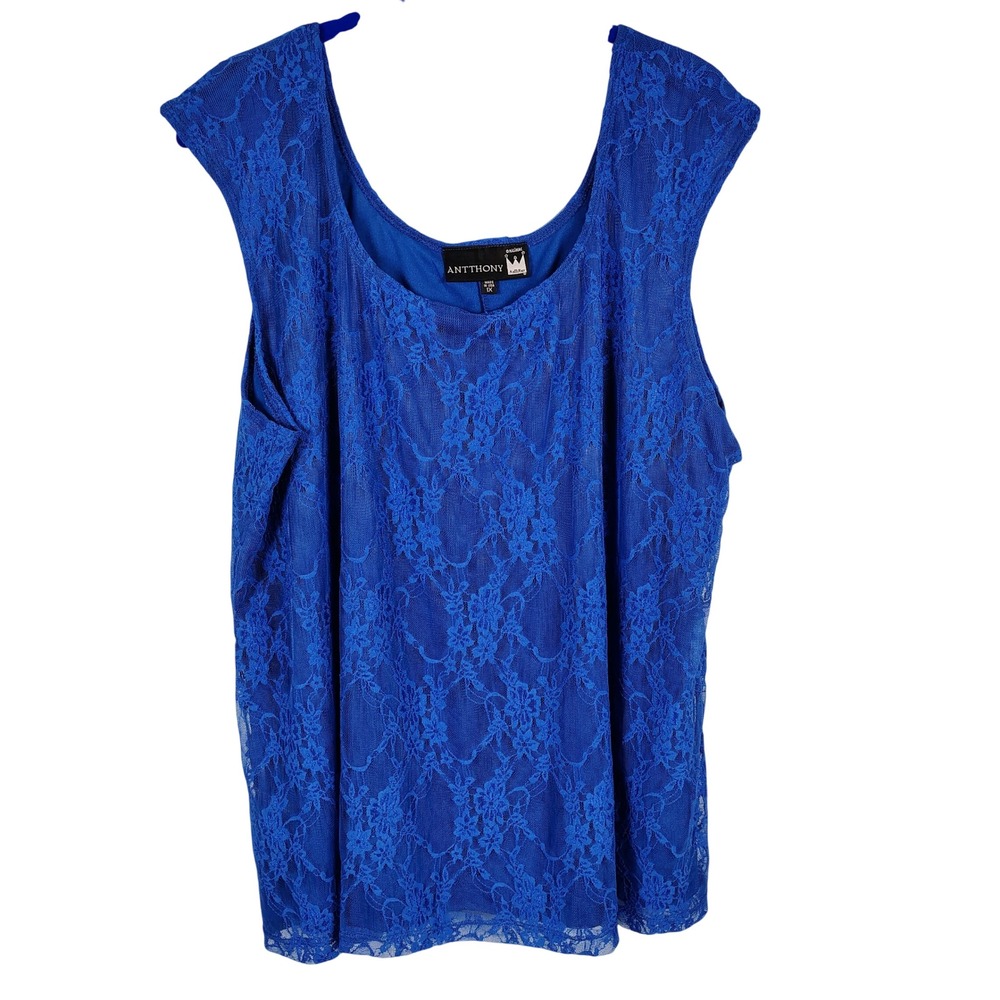 Antthony Womens 1X Lace Overlay Tank Top Royal Blue Floral Romantic Coquette
